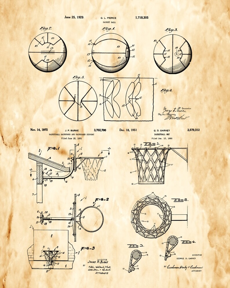 May include: A vintage black and white patent drawing of a basketball hoop and ball. The drawing shows different angles of the hoop and ball, including a close-up of the net. The patent drawing is dated June 25, 1929, and is titled "Basket Ball".