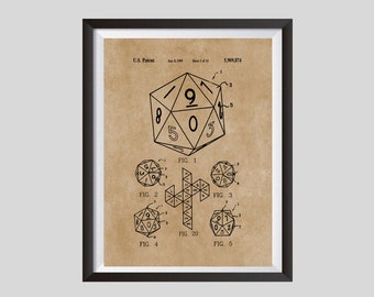 20 Sided Dice, RPG Dice, Patent Print Poster, Dungeons And Dragons Downloadable Prints, Role Playing Die, Geeky Gift, Nerd Art, Teenager DnD