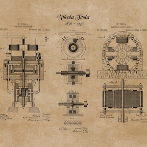 May include: A vintage style illustration of Nikola Tesla's patent for an electric generator. The patent number is 511,916 and was patented on January 2, 1894. The illustration shows a detailed diagram of the generator's internal workings.