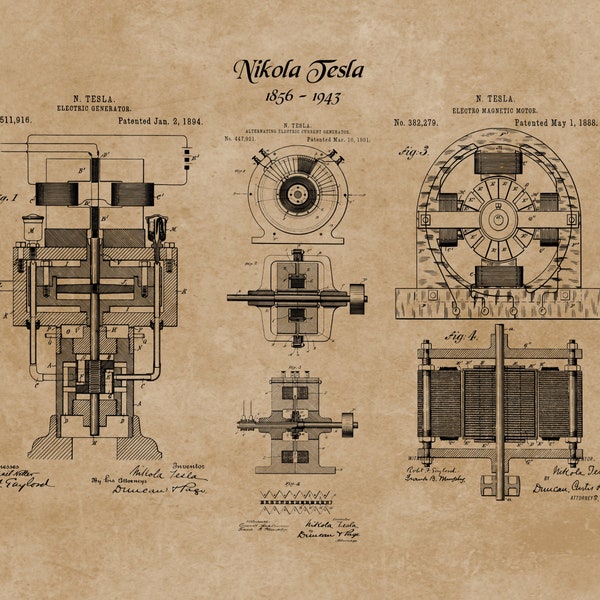 Tesla Patent Prints, Nikola Tesla Engineering Invention Patent Poster, Electric, AC Current, Electro Magnetic Generator, Tesla Art Print