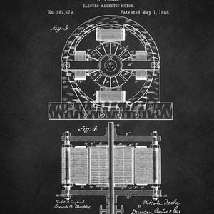 May include: Black and white illustration of a patent for an electro magnetic motor, invented by Nikola Tesla. The patent number is 382,279 and the date is May 1, 1888. The illustration shows a detailed diagram of the motor.