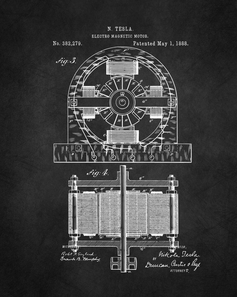 May include: Black and white illustration of a patent for an electro magnetic motor, invented by Nikola Tesla. The patent number is 382,279 and the date is May 1, 1888. The illustration shows a detailed diagram of the motor.