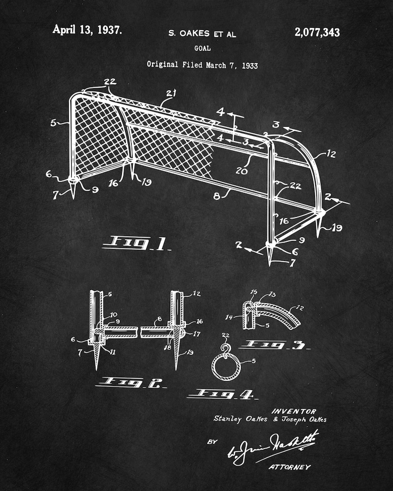 May include: A black and white line drawing of a patent for a goal. The drawing shows a side view of the goal with the text "Fig. 1" below it. The patent number is 2,077,343 and the date is 13 April 1937.