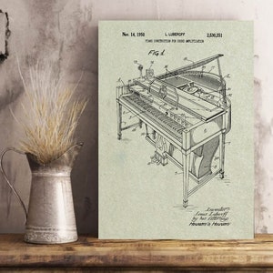 May include: A black and white line drawing of a piano patent. The patent is titled "Piano Construction for Sound Amplification" and is dated November 14, 1950. The patent number is 2,530,251.
