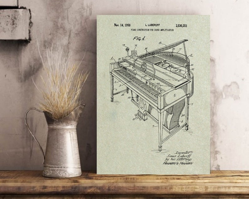 May include: A black and white line drawing of a piano patent. The patent is titled "Piano Construction for Sound Amplification" and is dated November 14, 1950. The patent number is 2,530,251.