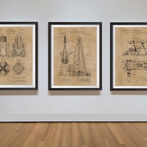 Gruppo di 3 stampe di brevetti di piattaforma di perforazione petrolifera, Texas Oil, Wildcatter Roughneck, martinetto per pompa di pozzo, punta di perforazione, poster di progetti industriali
