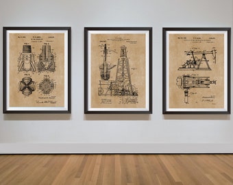 Oil Drilling Rig Group of 3 Patent Prints, Texas Oil, Wildcatter Roughneck, Well Pump Jack, Drill Bit, Industrial Blueprint Poster Art