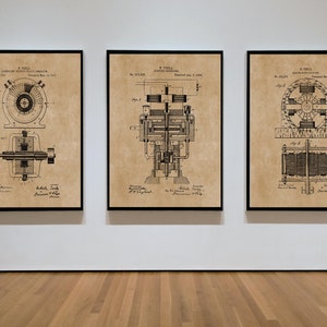 May include: Three vintage patent drawings for Nikola Tesla's electrical inventions. Each drawing is framed in black and mounted on a beige background. The drawings are titled "N. Tesla, Electro-Magnetic Generator, Patented May 16, 1891", "N. Tesla, Electrical Transformer, Patented June 5, 1894", and "N. Tesla, Electrical Transformer, Patented May 1, 1894".