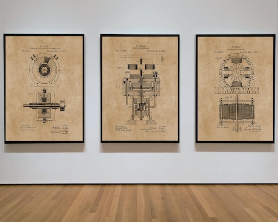 Tesla Patent Print Set of 3, Nikola Tesla Design, Engineering Invention Patents, Electromagnetic Generator, AC and Electric Generators,