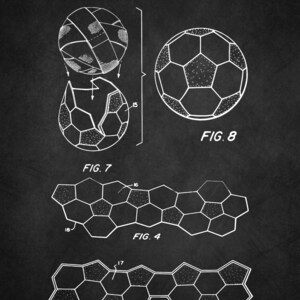May include: Black and white line drawing of a football patent. The patent drawing shows the construction of a football with a hexagonal and pentagonal pattern. The patent drawing includes the text "U.S. Patent Sep. 24, 1985 Sheet 2 of 2 4,542,902" and the figures "FIG. 4", "FIG. 5", "FIG. 7", "FIG. 8".