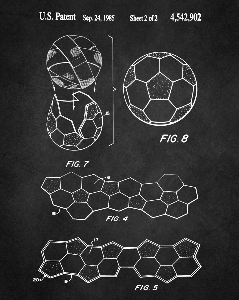 May include: Black and white line drawing of a football patent. The patent drawing shows the construction of a football with a hexagonal and pentagonal pattern. The patent drawing includes the text "U.S. Patent Sep. 24, 1985 Sheet 2 of 2 4,542,902" and the figures "FIG. 4", "FIG. 5", "FIG. 7", "FIG. 8".