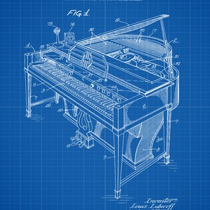 May include: A blueprint drawing of a piano with a microphone and a record player. The drawing is titled "PIANO CONSTRUCTION FOR SOUND AMPLIFICATION" and includes the patent number "2,530,251". The drawing is dated "Nov. 14, 1950".