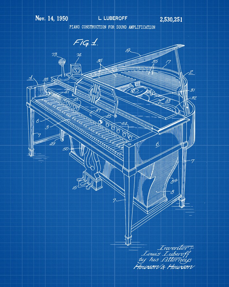 May include: A blueprint drawing of a piano with a microphone and a record player. The drawing is titled "PIANO CONSTRUCTION FOR SOUND AMPLIFICATION" and includes the patent number "2,530,251". The drawing is dated "Nov. 14, 1950".