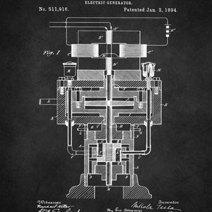 May include: Black and white line drawing of a patent for an electric generator, invented by Nikola Tesla. The patent number is 511,916 and the date is January 2, 1894. The drawing shows a detailed diagram of the generator's internal components.