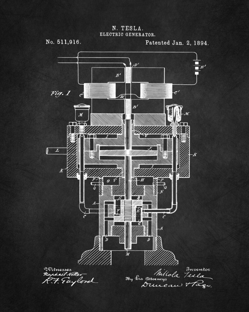 May include: Black and white line drawing of a patent for an electric generator, invented by Nikola Tesla. The patent number is 511,916 and the date is January 2, 1894. The drawing shows a detailed diagram of the generator's internal components.