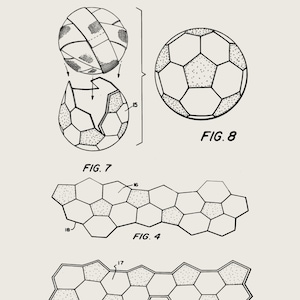 May include: A black and white line drawing of a football, showing how the panels are assembled. The drawing shows the ball in different stages of assembly, with the panels being joined together. The drawing is labelled with the numbers 4, 5, 7, and 8.