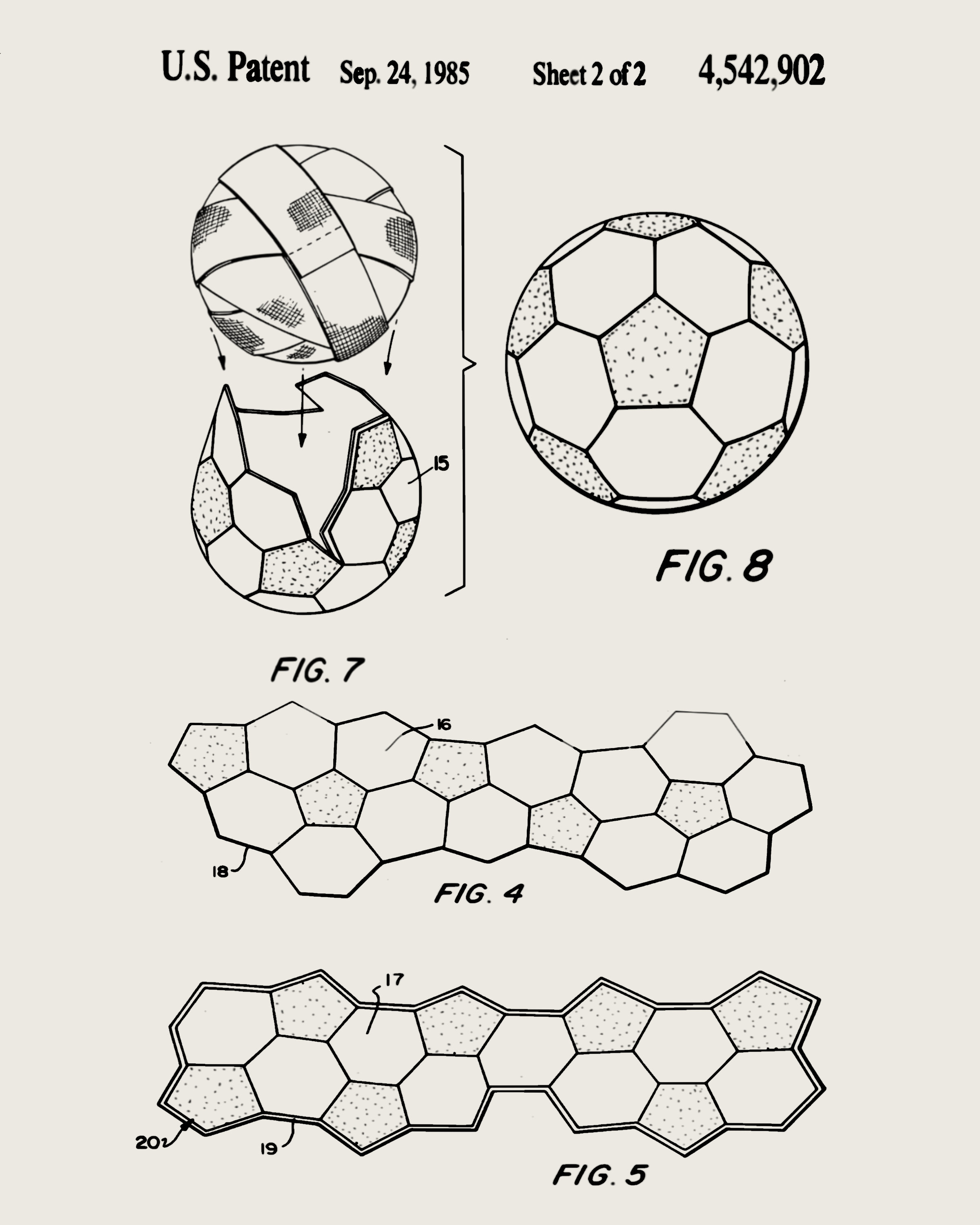 May include: A black and white line drawing of a football, showing how the panels are assembled. The drawing shows the ball in different stages of assembly, with the panels being joined together. The drawing is labelled with the numbers 4, 5, 7, and 8.