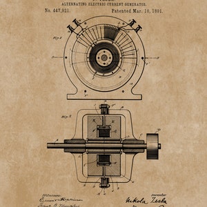 May include: Black and white line drawing of a patent for an alternating electric current generator, invented by Nikola Tesla. The patent number is 447,921 and the date is March 10, 1891. The drawing shows a detailed diagram of the generator.