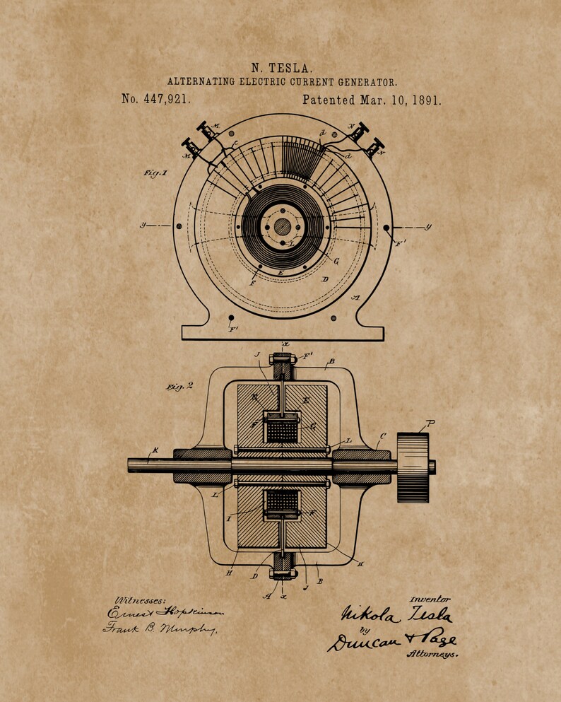 May include: Black and white line drawing of a patent for an alternating electric current generator, invented by Nikola Tesla. The patent number is 447,921 and the date is March 10, 1891. The drawing shows a detailed diagram of the generator.