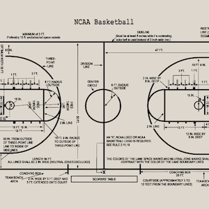 May include: A black and white diagram of an NCAA regulation basketball court with all the dimensions and markings labeled. The court is 94 feet long and 50 feet wide. The center circle is 12 feet in diameter. The three-point line is 19 feet 9 inches from the center of the basket. The free throw line is 15 feet from the center of the basket. The key is 12 feet wide and 19 feet deep.