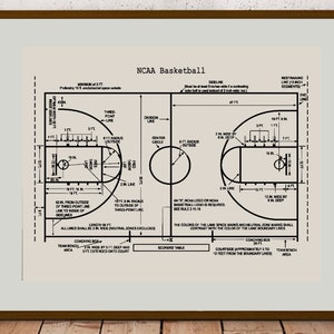 May include: A black and white diagram of a regulation NCAA basketball court with dimensions and markings labeled. The court is 94 feet long and 50 feet wide. The center circle is 12 feet in diameter. The three-point line is 19 feet 9 inches from the center of the basket. The free throw line is 15 feet from the center of the basket.