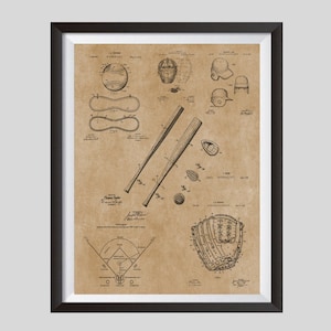 Puede incluir: Una ilustración de estilo vintage de un dibujo de patente de béisbol. El dibujo muestra una pelota de béisbol, un bate, un guante, una máscara de receptor y un campo de béisbol. El número de patente es 1,308,108 y la fecha es el 6 de mayo de 1919.