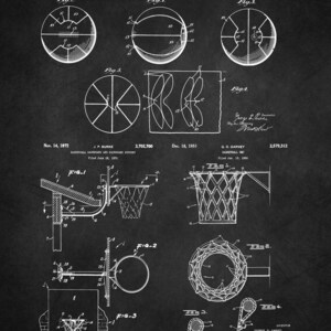 May include: Black and white patent drawings of basketballs and basketball hoops. The drawings show different designs for the ball and the hoop, including a design for a basketball hoop with a backboard. The patent numbers and dates are included in the drawings.