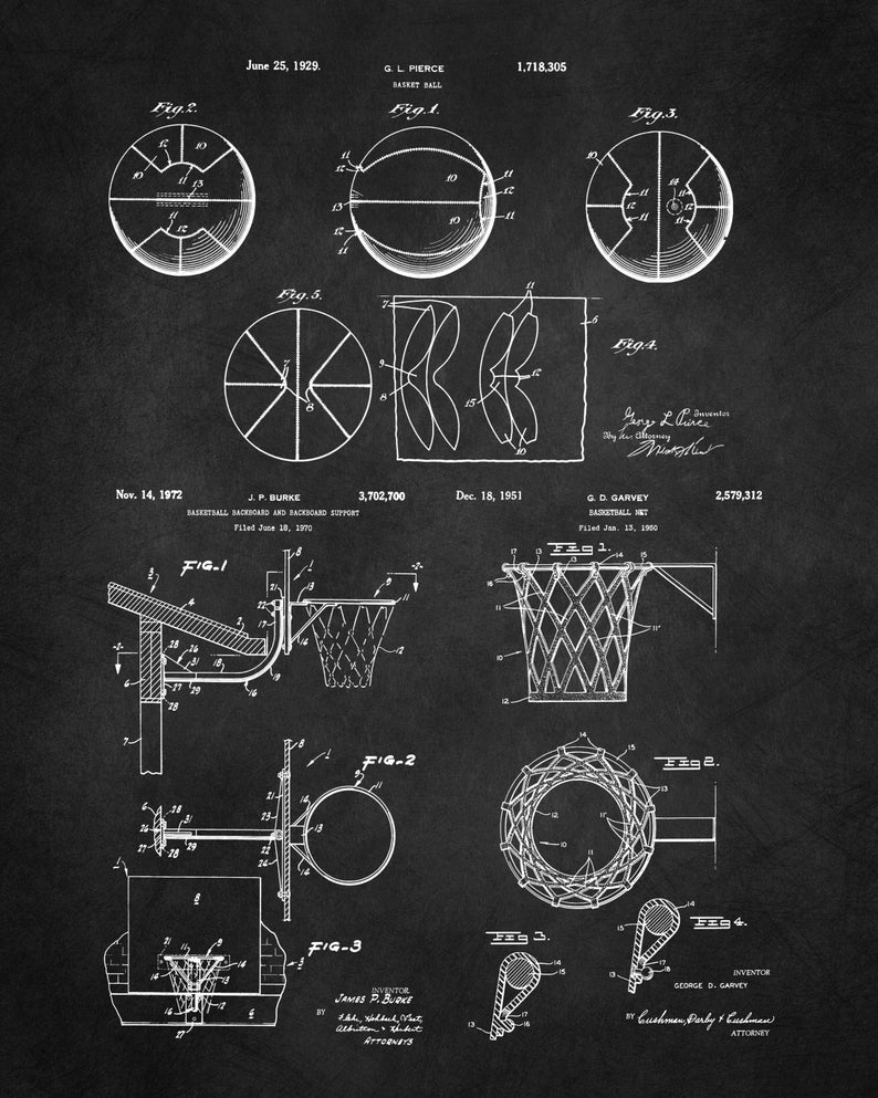 May include: Black and white patent drawings of basketballs and basketball hoops. The drawings show different designs for the ball and the hoop, including a design for a basketball hoop with a backboard. The patent numbers and dates are included in the drawings.