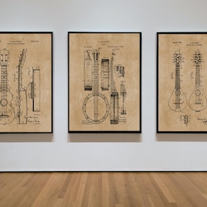Banjo, Ukulele, Mandolin, Group of 3 Downloadable Patent Prints, Music Teacher Gift, Stringed Musical Instruments, Country Music Wall Art