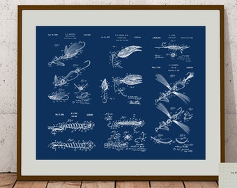 Pesca señuelo patente impresiones, Arte de la casa del lago, Angling blueprint cartel arte, regalo del pescador, pescador, decoración de la pesca de la vendimia, descarga instantánea