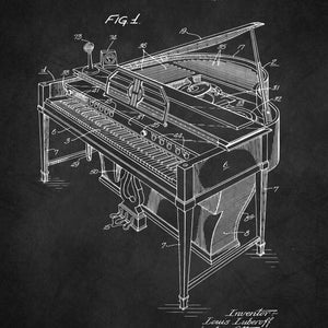 May include: Black and white line drawing of a piano with a microphone and a record player. The drawing is on a dark gray background. The text "Nov. 14, 1950", "L LUBEROFF", "PIANO CONSTRUCTION FOR SOUND AMPLIFICATION", "2,530,251", "FIG. 1.", "Inventor: Louis Luberoff by his Attorneys Howrson & Hourson" is included in the drawing.