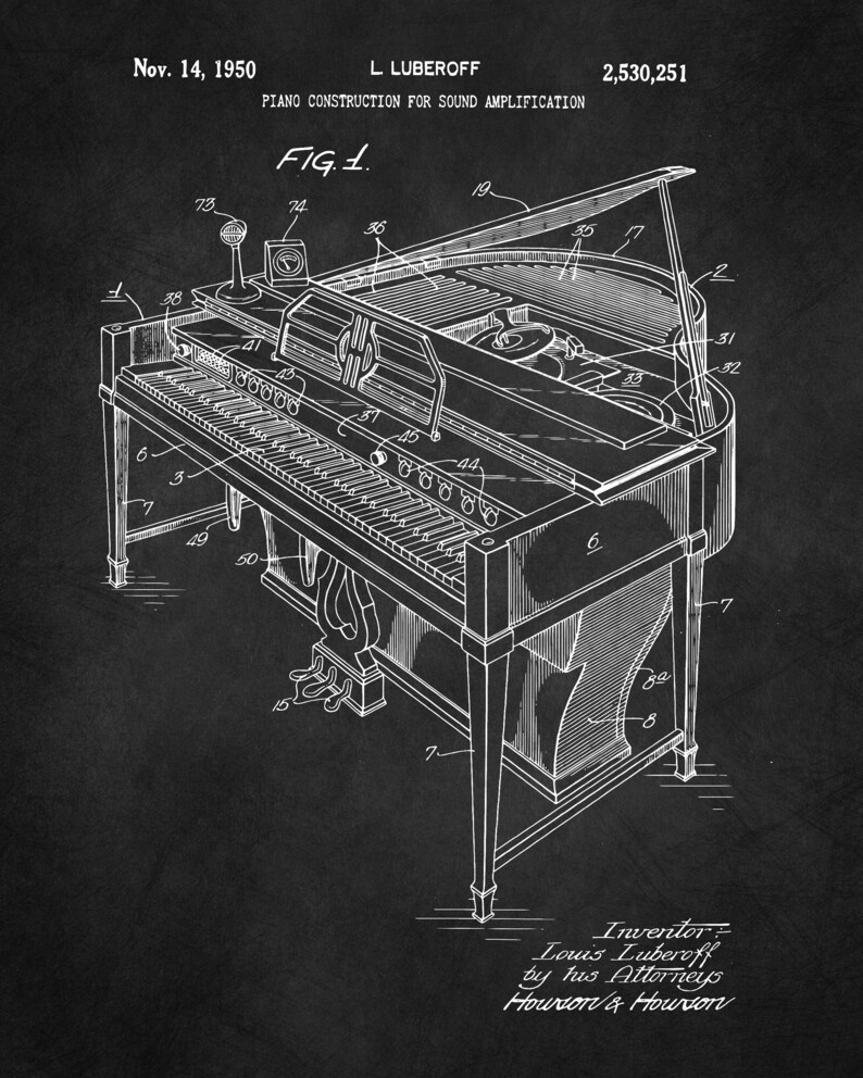 May include: Black and white line drawing of a piano with a microphone and a record player. The drawing is on a dark gray background. The text "Nov. 14, 1950", "L LUBEROFF", "PIANO CONSTRUCTION FOR SOUND AMPLIFICATION", "2,530,251", "FIG. 1.", "Inventor: Louis Luberoff by his Attorneys Howrson & Hourson" is included in the drawing.