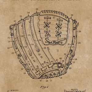 Pu&ograve; includere: Illustrazione di brevetto di guanto da baseball vintage, con dettagliati disegni a tratteggio su sfondo color seppia. Il testo include "J.E. Bennett Baseball Glove" e "May 9, 1905".