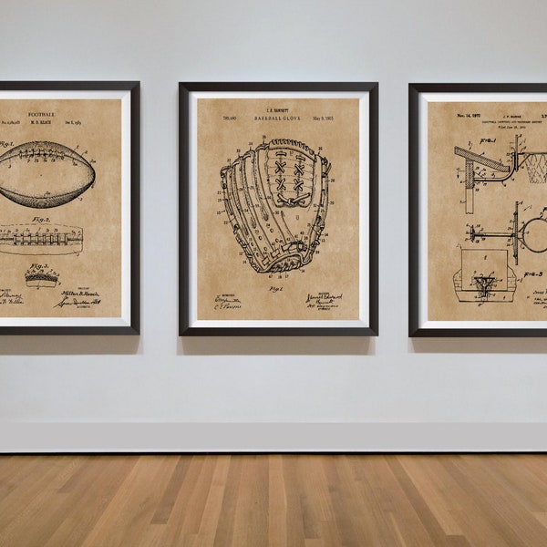 Set of 3 Sports Posters Patent Prints Football Baseball Basketball Sports Fan Gift Wall Art Instant Downloadable Printable