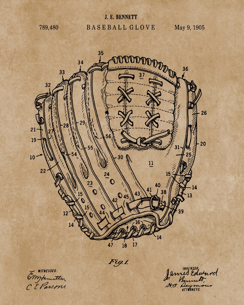 May include: A black and white line drawing of a baseball glove patent. The patent number is 789,480 and the date is May 9, 1905. The drawing shows the glove in detail, with each part labeled with a number.