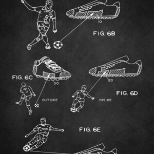 May include: A black and white illustration of a football boot patent drawing. The drawing shows different angles of the boot and a footballer kicking a ball. The patent number is 5,216,827 and the date is June 8, 1993.