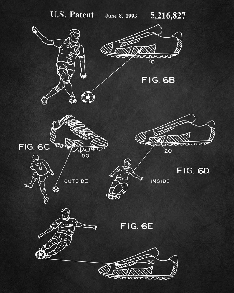 May include: A black and white illustration of a football boot patent drawing. The drawing shows different angles of the boot and a footballer kicking a ball. The patent number is 5,216,827 and the date is June 8, 1993.