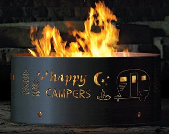 Happy Campers XT Tall Fire Pit Ring, 16" Tall, Heavy Duty, Camping Gift, Retro Camper, Vintage Camper