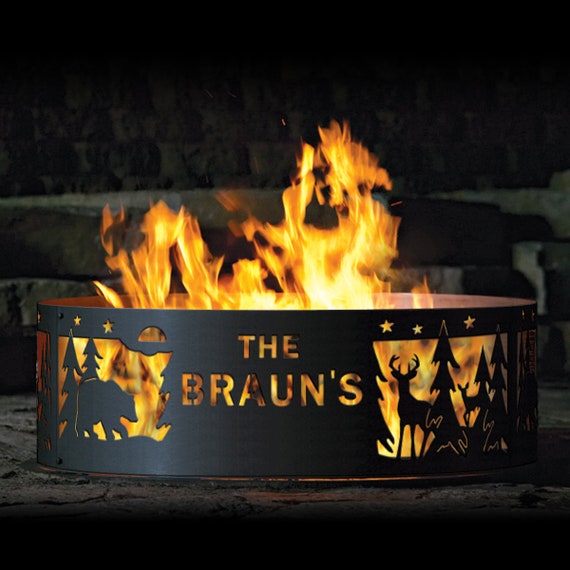Personalized Fire Pit Ring, Heavy Duty Steel Fire Ring, Northwoods Wildlife Design, Custom Outdoor Fire Pit, Father’s Day Gift for Dad