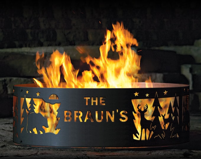 Personalized Fire Pit Ring, Heavy Duty Steel Fire Ring, Northwoods Wildlife Design, Custom Outdoor Fire Pit, Father’s Day Gift for Dad