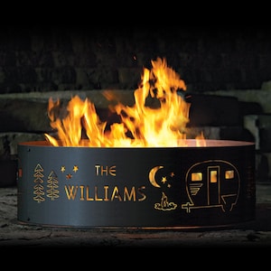 Personalized Retro Camper Fire Pit Ring, 12" Tall, Heavy Duty, Camping Gift, Retro Camper, Vintage Camper, Custom Fire Ring image 1