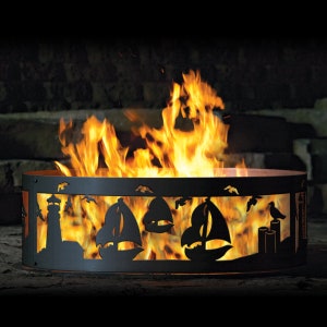 Lighthouse & Sailboat Fire Pit Ring, 12&quot; Tall, Heavy Duty, Gift for vacation home