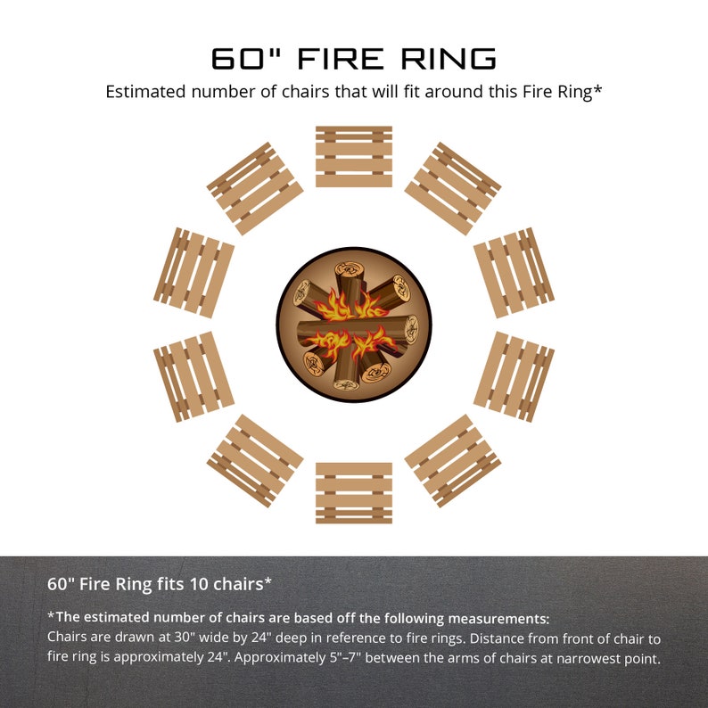 Puede incluir: Un anillo de fuego de 1,52 metros de di&aacute;metro con 10 sillas alrededor. El anillo de fuego est&aacute; hecho de metal y tiene un acabado negro. Las sillas est&aacute;n hechas de madera y tienen un acabado natural. El anillo de fuego est&aacute; sobre un fondo blanco.