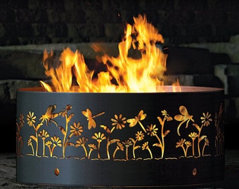 Dragonfly & Flowers Fire Pit Ring, 16" Tall, Heavy Duty, Great gift for nature lover, Fire Pit, Great gift for cabin