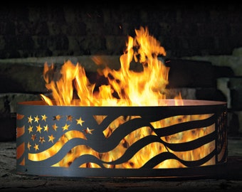 American Flag Steel Fire Pit Ring, Heavy Duty, Outdoor Campfire Ring for Backyard, Made in the USA, Gift for him or her