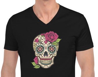 Unisex Calavera Sugar Skull Short Sleeve V-Neck Black T-Shirt Men Women