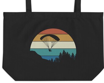 Paragliding Large Organic Cotton Tote Bag For Paragliders, Parasail, Paramotors, Retro, Black, Vintage Style