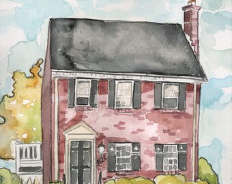 Red brick house watercolor print