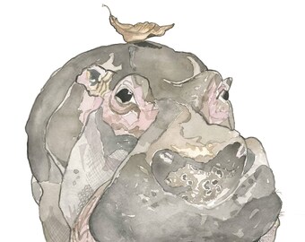 Hippopotamus Watercolor Print: Hippo with Leaf