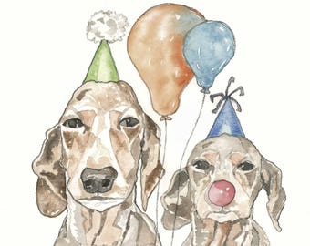 Party Dachshunds Watercolor Print - Dog Birthday Art